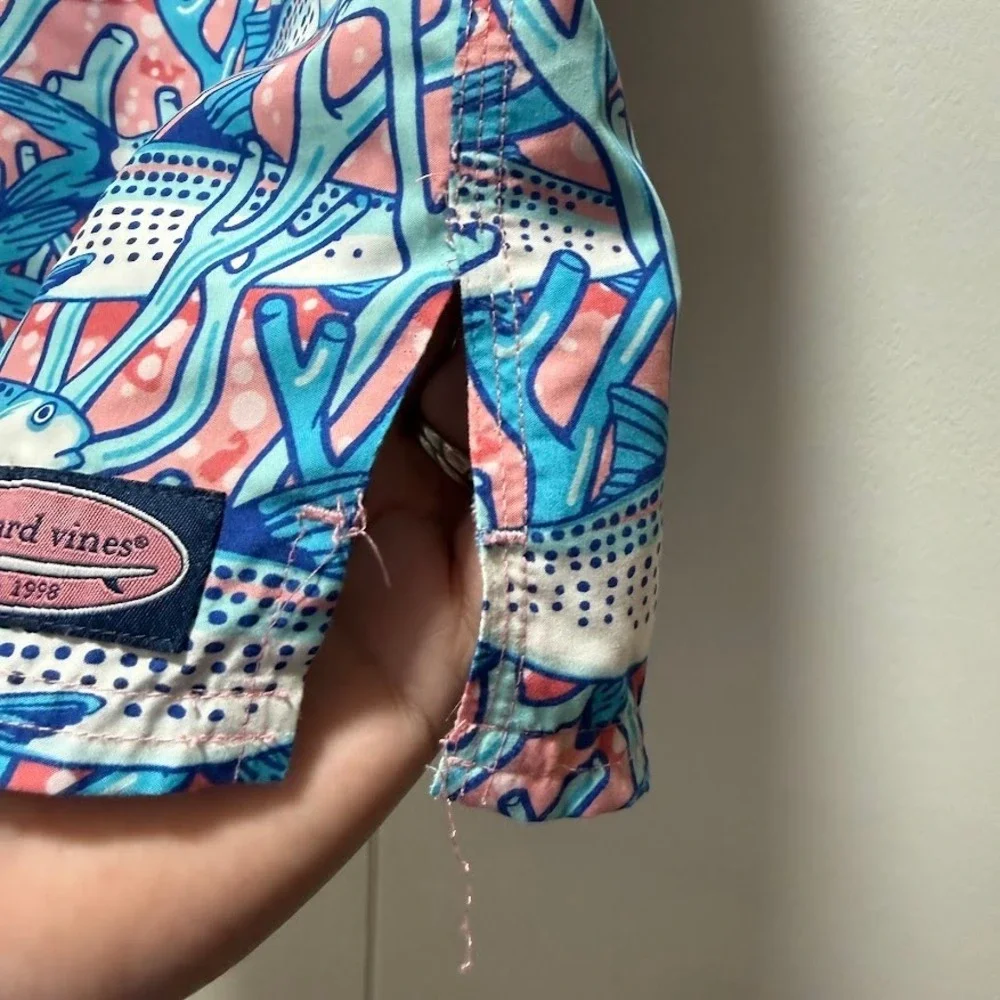 Vineyard Vines Boys Fish Coral Reef Print Swim Trunks Blue Pink Drawstring